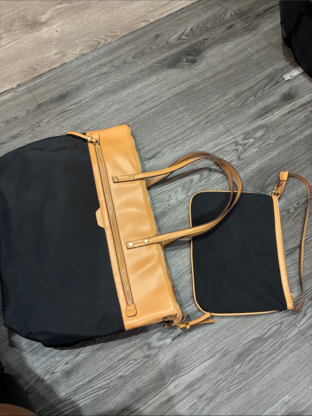 Classic Black and Tan Tote Bag with Removable Pouch